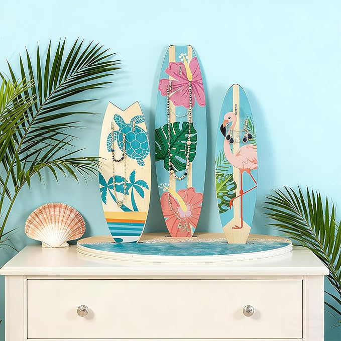 Surfboard Jewelry Holder Stand- Unique Coastal Christmas Beach Home Decor, Ocean-Themed Bathroom Decor, Cute Bracelet Ring Earrings Jewelry Organizer for Teen Girls, Wooden Preppy Hawaii Surfer Gift