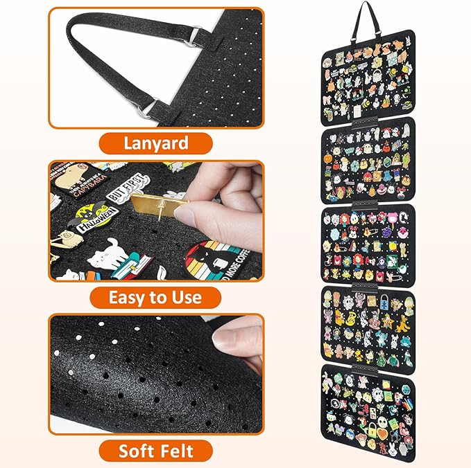 tutata Hanging Enamel Pin Collection Display Panel, Detachable Brooch Pin Pages, Badge Collection Display Holder, Black