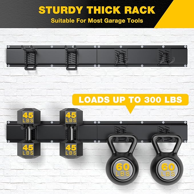 Garage Tool Organizer Wall Mount with 32 inches Rails and Adjustable Heavy-Duty Hooks, Garden Tool Organizer, Carries 300 lbs, Heavy Duty Garage Storage Rack For Yard, Shed, Workshop, Easy to Install