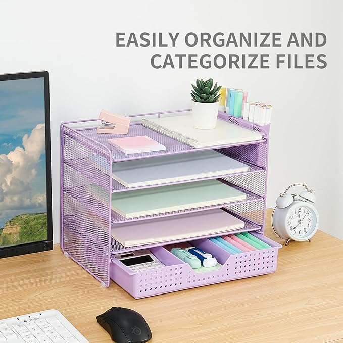 Desk Organizers and Accessories, 5-Tier Paper Letter Tray Organizer with Drawer & 2 Pen Holders, Desktop Organizer for Office Supplies (Purple)