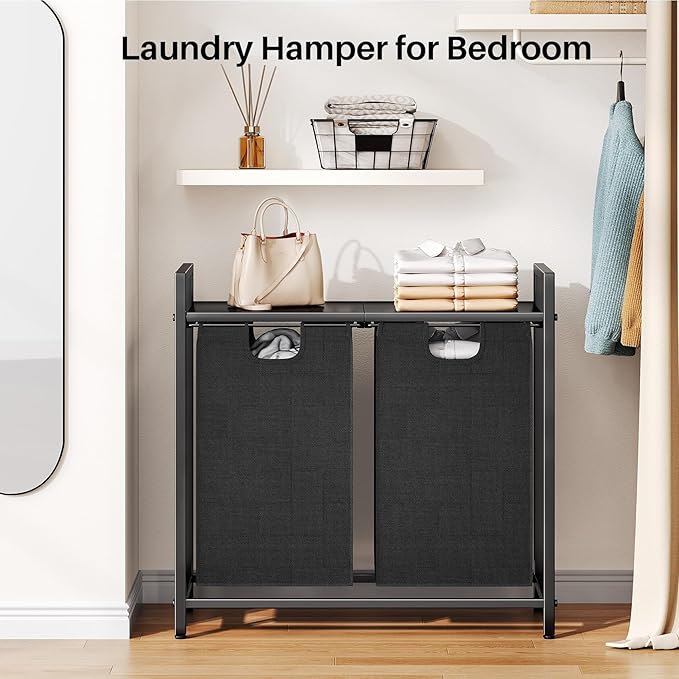 Kitstorack Laundry Basket Organizer, Laundry Hamper with Shelf & 2 Pull-Out Removable Bags, Dirty Clothes Hamper Organizer for Laundry Room Bathroom and Dorm, 2 x 11.8 gallons (44.5L)
