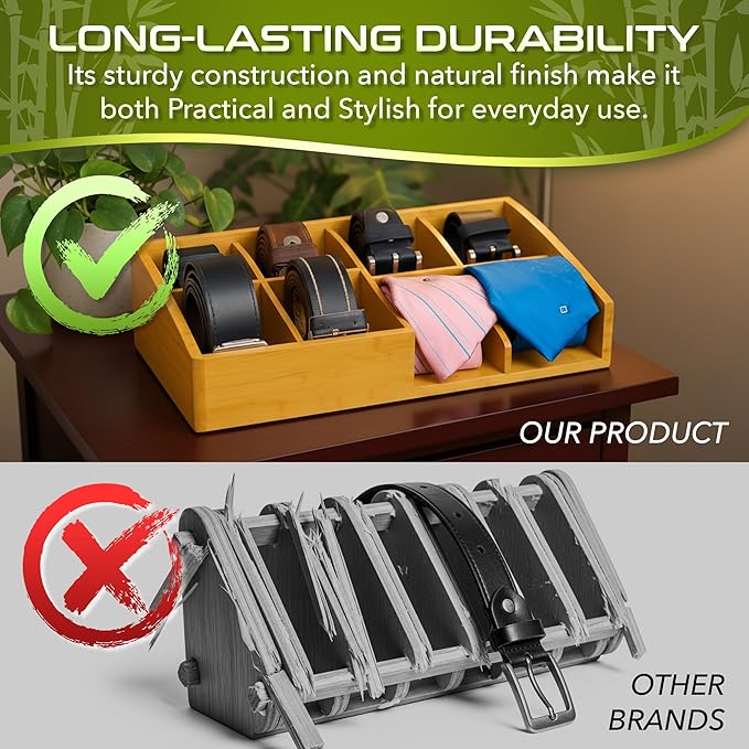 Belt Organizer for Closet and Drawer – 8 Compartments Bamboo Storage Box for Belts and Ties – Eco-Friendly Natural Bamboo