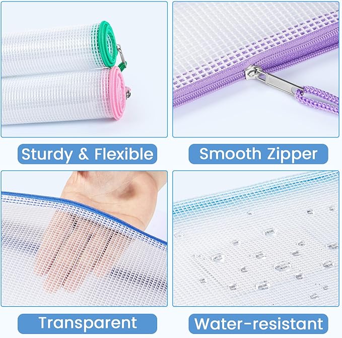 Sooez 14 Pack Mesh Zipper Pouch Bags, A4 Letter Size, Zipper Bags with Label Pocket, Waterproof Pouches for Classroom Organizer, Board Game Toy Storage, Document Bag for Teacher School Office Supplies