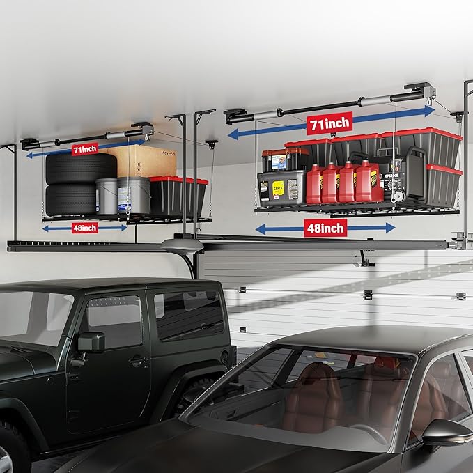 FLEXIMOUNTS GL1 Overhead Garage Lifting Storage Rack, 4x4 Ft Heavy-Duty Metal Garage Ceiling Rack, Adjustable Organization System With 71''L Axle, 300lbs Weight, Black