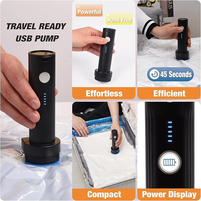 15 Pack Travel Vacuum Storage Bags with Rechargeable Wireless Electric Pump, Travel Packing Bags for Luggage and Suitcase, Carry-on Size Compression Space Saver for Clothes and Clothing