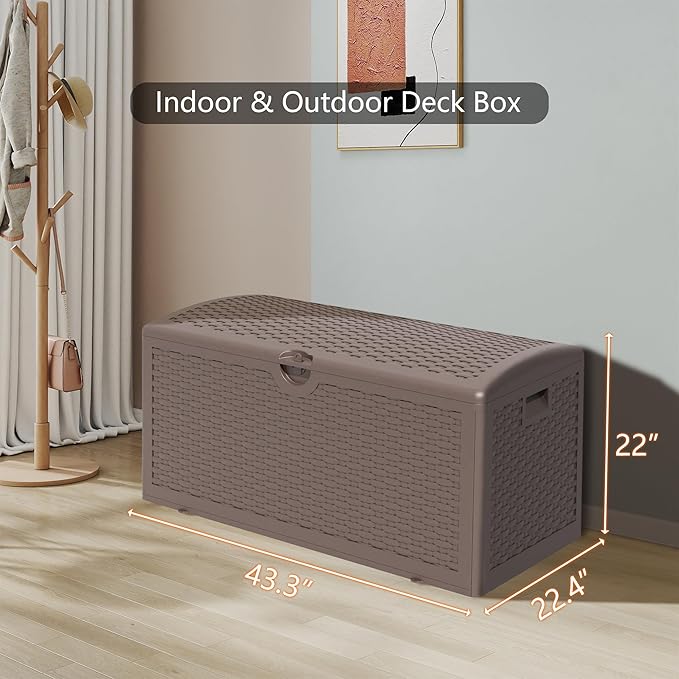 Outdoor Storage Deck Box Waterproof,90 Gallon Lockable Patio Package Delivery Bin as Seat, Resin Storage Container Bench for Furniture Cushions, Pool Accessories, Garden Tools, Brown