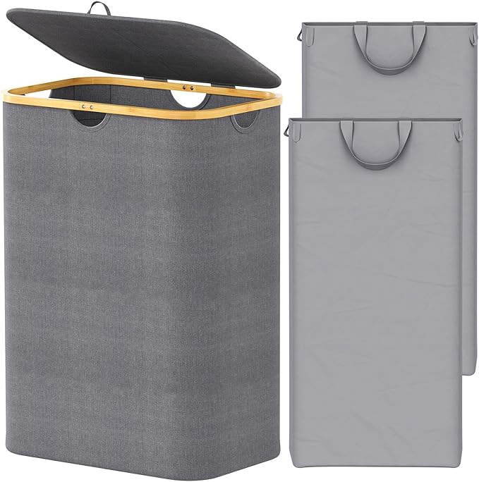 SpaceAid Double Laundry Hamper 2 Section with Lid and Removable Laundry Bags, 160L Clothes Basket with Bamboo Handles, Large Collapsible Hamper for Bedroom, Bathroom, Dorm, Laundry Room - Grey