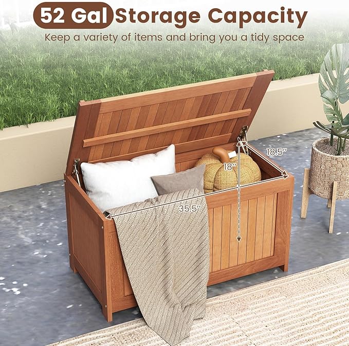 RELAX4LIFE Wood Deck Box, 52 Gallon Backyard Storage Bin Container for Patio Furniture Cushions, Pillows, Garden Tools, Pool Accessories, Wooden Porch Bench, Indoor Outdoor Storage Box (52 Gal)