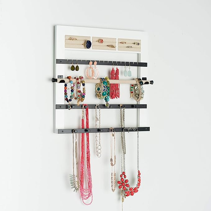 Hives and Honey Tori Wall Hanging Jewelry Rack – Wall-Mounted Organizer with Ring Rolls, Earring Slots, Bracelet Bar & Necklace Hooks, Anti-Tarnish Linen, White