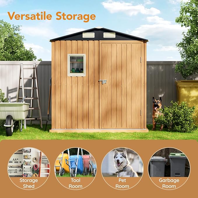 6X4FT Garden Storage Shed with Lockable Door,Steel Tool Shed with 1 Clear Window, Anti-Corrosion Metal Shed for Backyard Patio Lawn (Light Wood Grain)