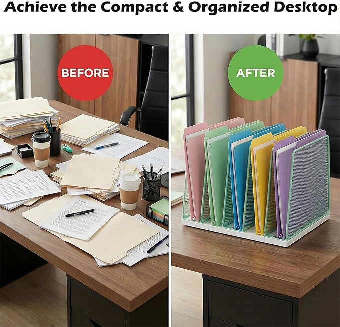 AUPSEN 5-Section Wooden Desktop File Organizer, File Sorter Storage Rack, Vertical File Holder for Office Supplies, Green