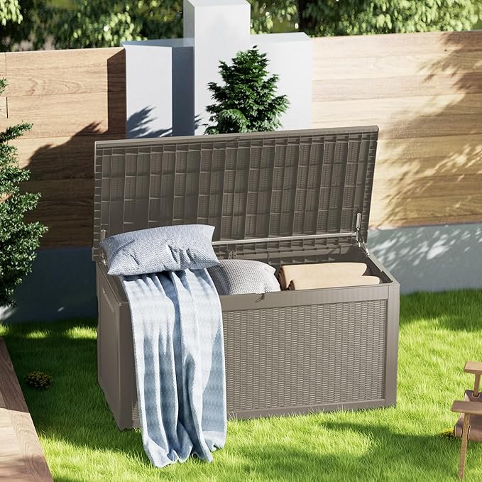 320 Gallon Lockable Resin Outdoor Storage Box, Waterproof & Weather Resistant Deck Box for Patio Cushion, Garden Tools & Pool Accessories, Grey