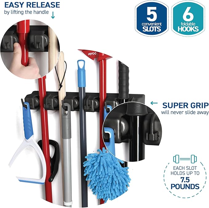 2 Pack Mop and Broom Holder Wall Mount - Garage Storage Organizer with 5 Slots, 6 Hooks, 7.5lbs Capacity Per Slot - Home, Kitchen, Closet, Laundry Room Organization – Black Broom Hanger