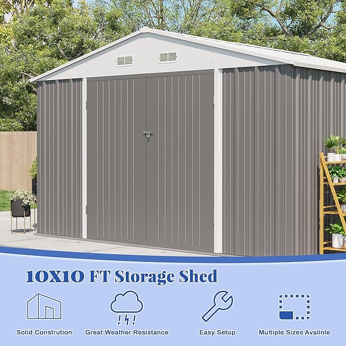 Patiowell 10x10 FT Storage Shed, Outdoor Metal Sheds with Lockable Door and Sloping Roof, Waterproof Outside Large Garden Tool Shed with Breathable Vents for Patio Lawn Backyard, Gray