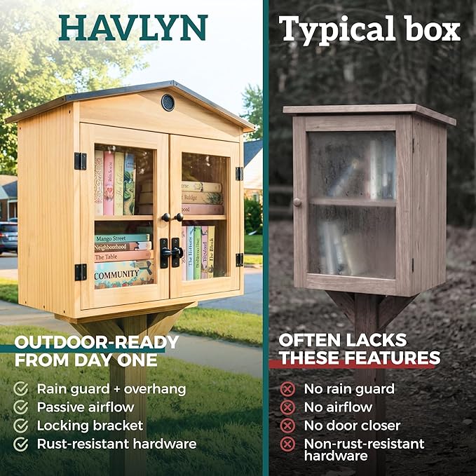 HAVLYN Little Library Box Outdoor Kit, Blessing Box Outdoor Food Pantry, Lending Library Box Outdoor, Premium Weather-Resistant Wood, Metal Roof, Natural Ventilation, Adjustable Shelf, Easy Assembly
