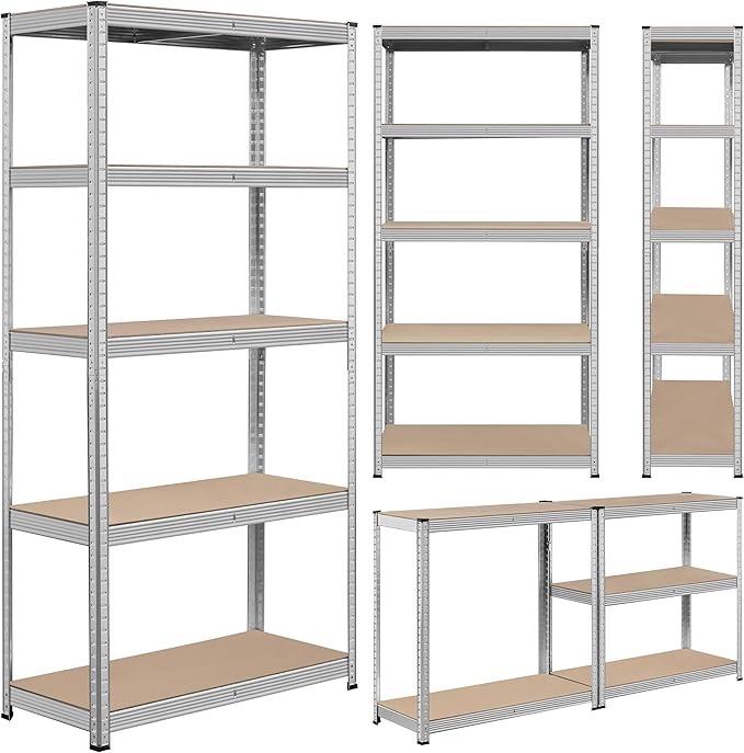 Topeakmart 5-Tier Utility Shelves, Metal Storage Shelves Unit Adjustable Garage Storage Racks Heavy Duty Shed Shelving- Silver, 35.5 x 16 x 71 Inch