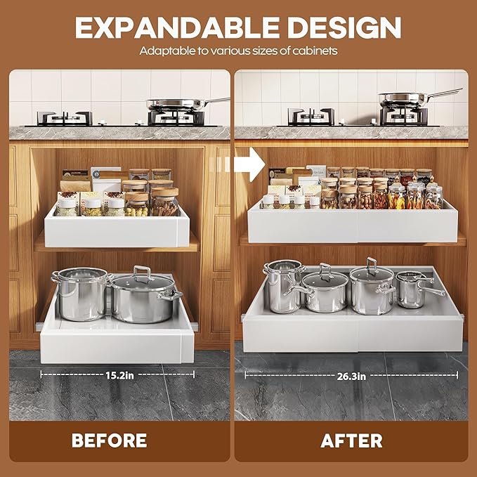 4 Pack Expandable Width (15.15"-26.3") Pull Out Cabinet Organizer 21" Deep with Raising Pad for Framed Cabinets, Upgrade 3 Slide Rails Slide Out Drawers, Roll Out Shelves Adhesive, White