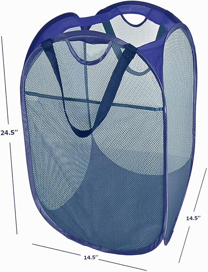 [Reinforced] Strong Mesh Pop-up Laundry Hamper, Quality Collapsible Laundry Basket with Durable Handles Solid Bottom High Carbon Steel Frame, Easy to Open and Fold Flat for Storage(Blue)