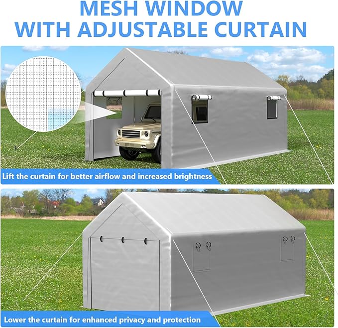 Carport 10x20 FT Enclosed Carport with Roll-up Windows, Portable Garage with Removable Sidewalls & Doors, Car Canopy Tent with Sandbags All-Season Tarp for Car Boat Truck Motorcycle