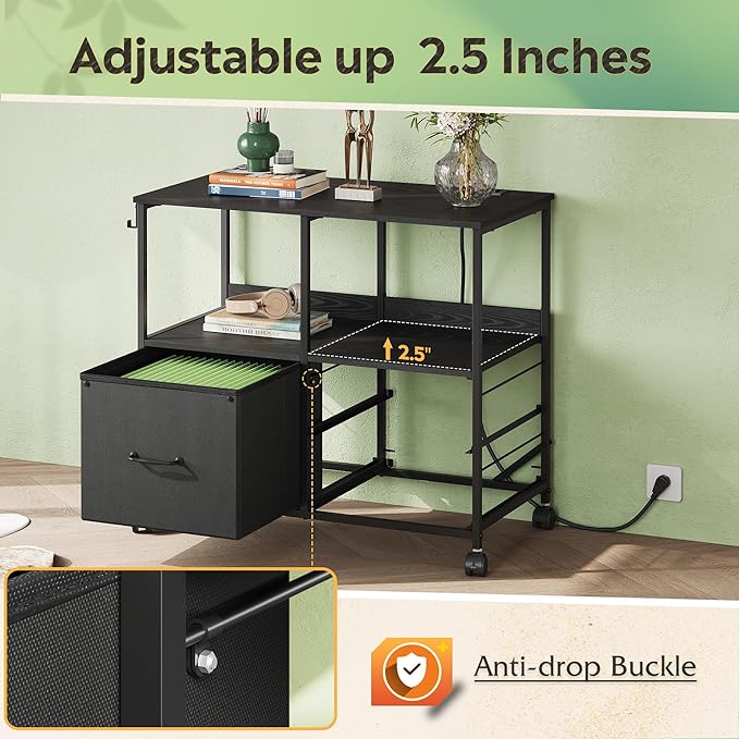 DEVAISE 3 Drawer Mobile File Cabinet, Rolling Printer Stand with Storage Shelf, Fabric Lateral Filing Cabinet fits A4 or Letter Size, Adjustable Shelf for Home Office, Black