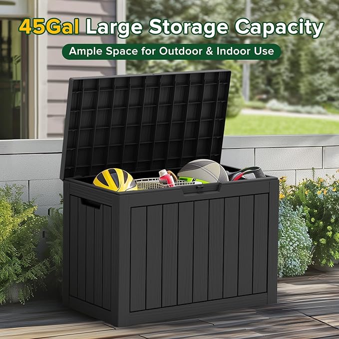 Outdoor Storage Box 45GAL Waterproof Resin Deck Box,UV-Resistant Lockable Package Delivery Bin for Garden Tools,Large Patio Outside Cushions,Pool Accessories Supplies,Chest,Furniture,Black