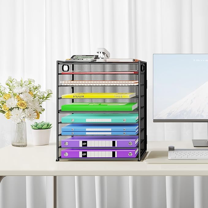 9 Tier Paper Organizer with Handle, Large Capacity Desk Organizer Mesh Paper Letter Tray File Folder Document Sorter for Classroom and Office Accessories Organization- Black (2 Pack)