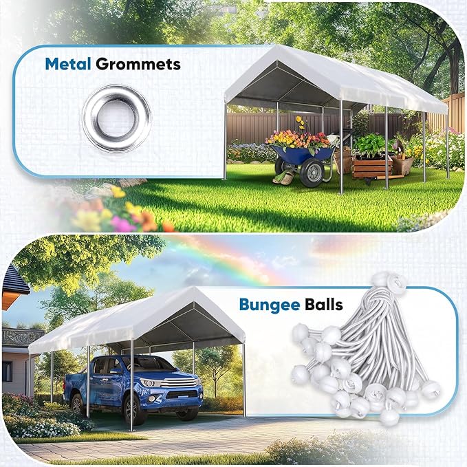 ADVANCE OUTDOOR Replacement Top Cover Tarp for 10x20 ft Carport Canopy with Ball Bungees, White, One Roof Only