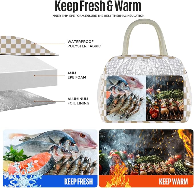 Lunch Bag Women/Men Lunch Box Women/Men (Khaki+White Checkerboard)