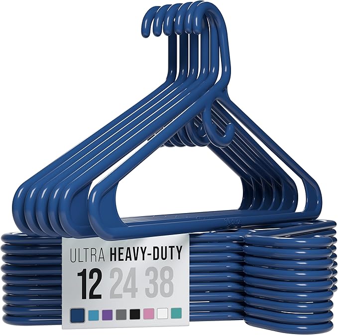 NEATERIZE Ultra Heavy Duty Plastic Clothes Hangers - Navy - Durable Coat, Suit and Clothes Hanger. Perchas De Ropa (12 Pack - Navy)