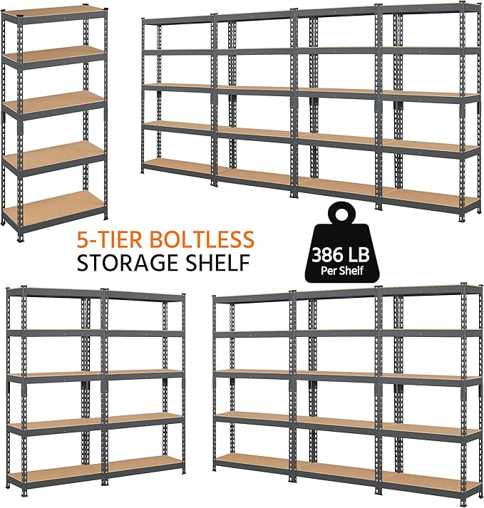 Topeakmart 5-Tier Utility Shelves, Metal Storage Shelves, Adjustable Shelving Units, Boltless Assembly, Garage Shelves Shed Shelving for Warehouse Garage Shed Basement- Dark Gray, 27.5 x 12x 60 Inch