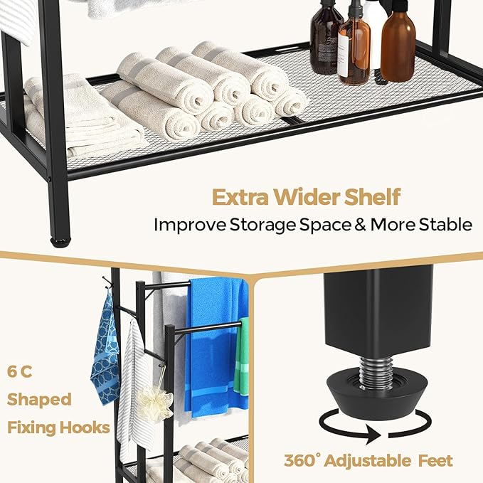 3 Tier Towel Rack with Large Storage & 6 Hooks, Blanket Rack for Oversized Bath Towels, Free Standing Pool Towel Rack Stand for Bathroom Pool Indoor/Outdoor, 35.8" H x 31.5" L x 11.8" W