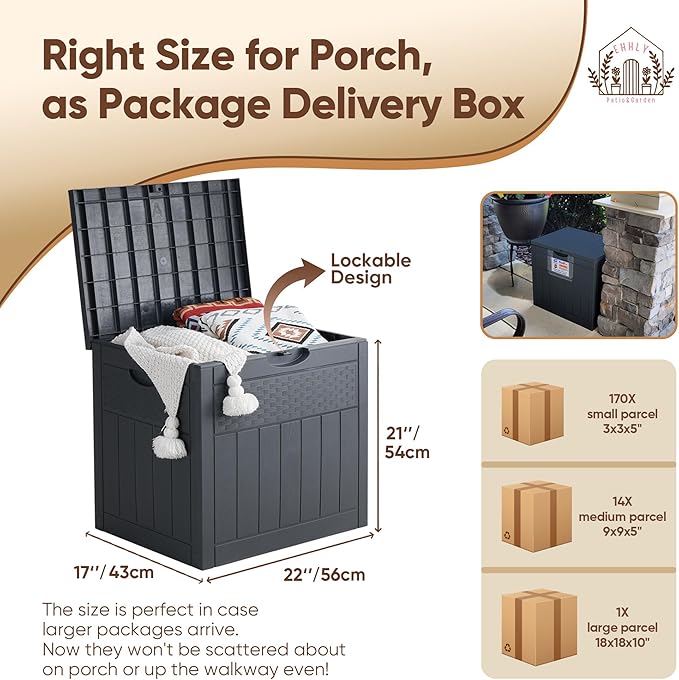 EHHLY 33 Gallon Deck Box, Small Outdoor Storage Box Waterproof, Lockable Secure Package Bin Delivery Box for Outside Front Porch, Patio Cushions Storage Box, Delivery Driver Snack Box for Porch, Grey