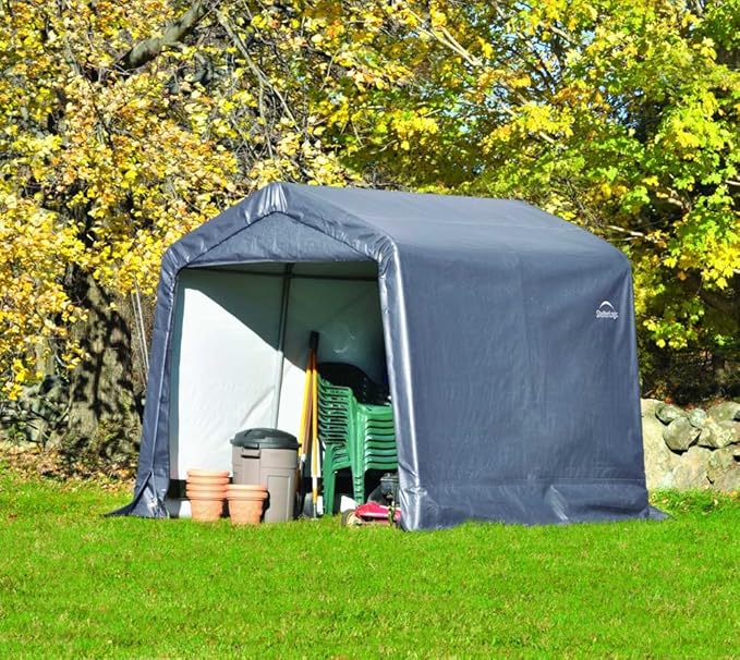 ShelterLogic 8' x 8' x 8' Shed-in-a-Box All Season Steel Metal Peak Roof Outdoor Storage Shed with Waterproof Cover and Heavy Duty Reusable Auger Anchors