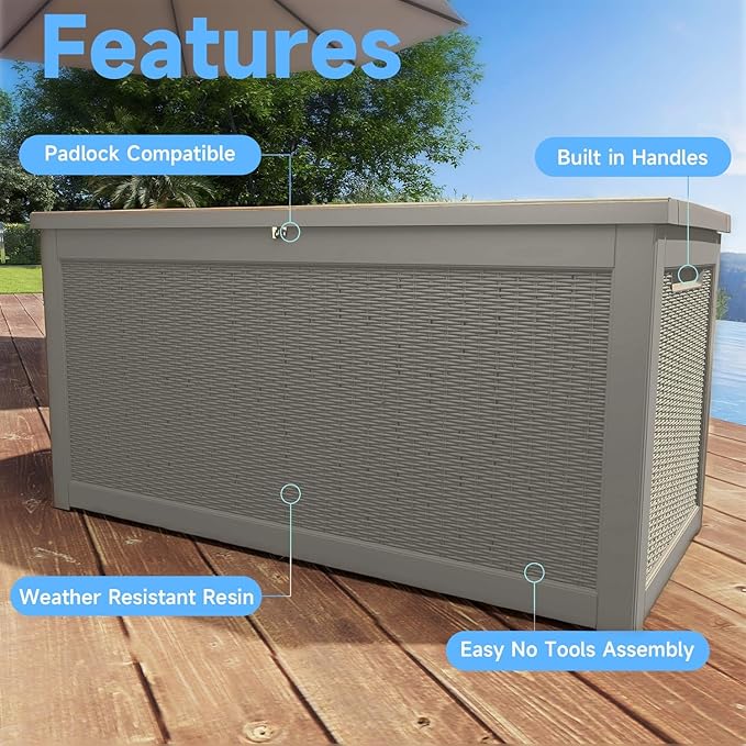 260 GallonOutdoor Storage Box,Resin Deck Boxes Waterproof, IndoorOutdoor Bin for Package Delivery, Patio Cushions, Gardening Tools, Lockable, UV Resistant