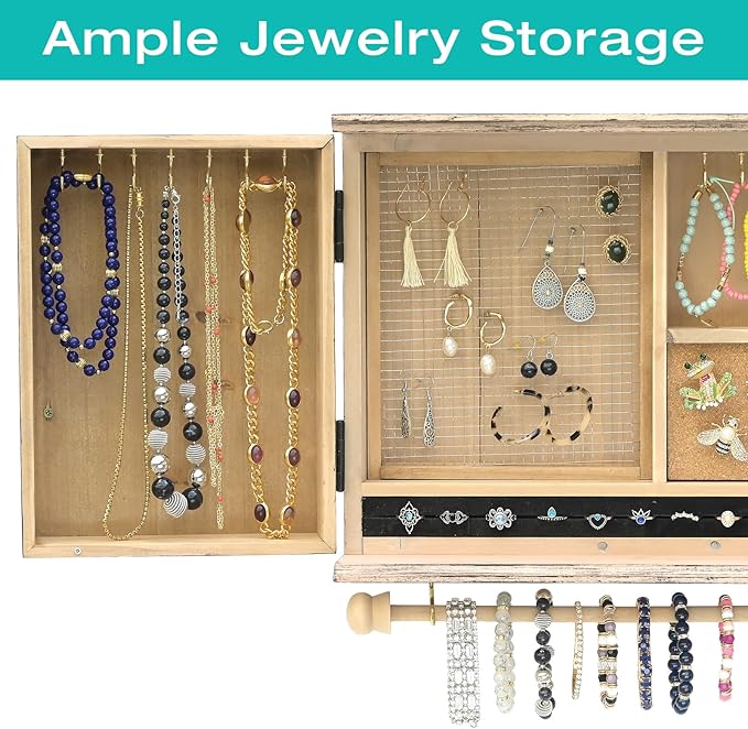 Wall Mounted Jewelry Organizer with Herringbone Wood Pattern. Jewelry holder for Necklaces, Earings, Bracelets, Ring Holder, and Accessories. Includes hooks for hanging jewelry - Brown