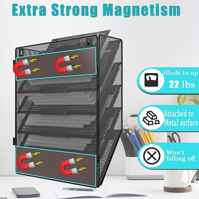 5 Tier Magnetic File Holder for File Cabinets, Refrigerator, Whiteboard, Office, No Drilling Installation Large Capacity Black Magnetic File Holder