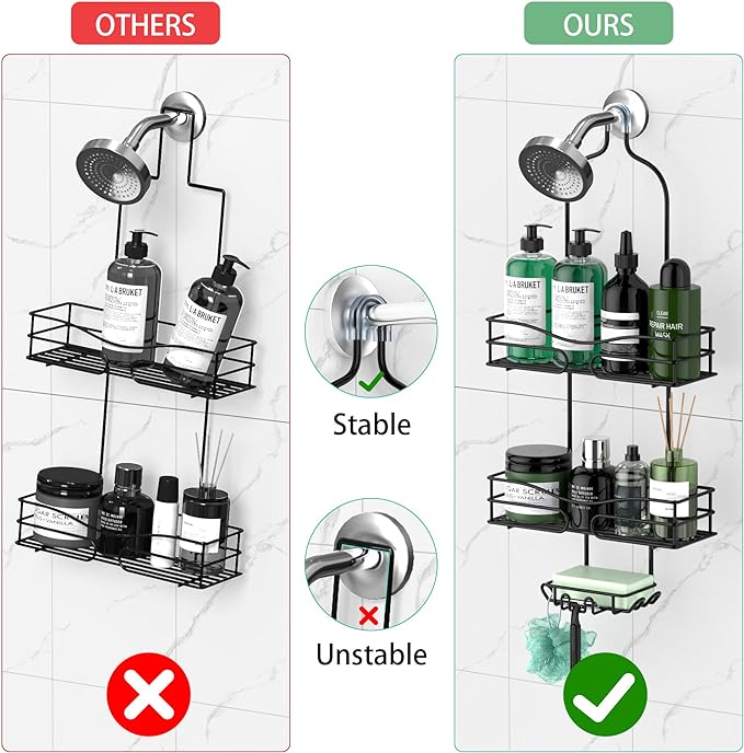 Bathroom Shower Caddy Hanging - 3-Tier Organizer with Soap Holder & 6 Hooks for Towels, Sponge; Fits 21mm Shower Head Arm, Black