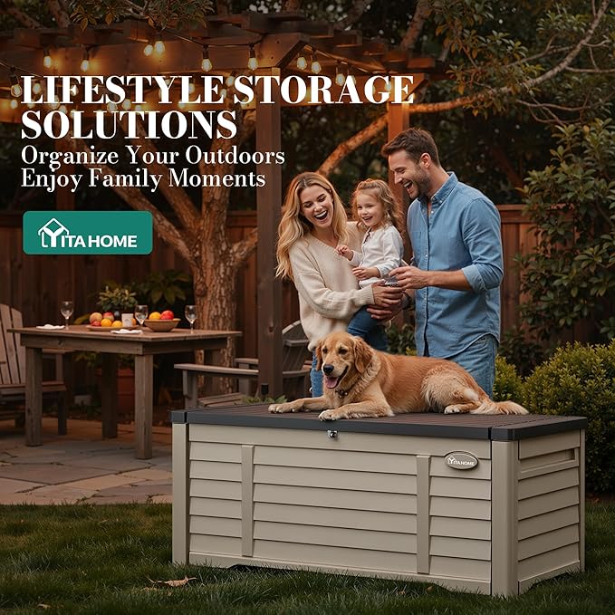 YITAHOME 150 Gallon Large Outdoor Storage Deck Box, Waterproof Cushion Storage Bench with Lockable Lid for Patio, Pool Supplies, Garden Tools, Resin, Black & Brown