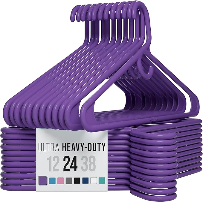 NEATERIZE Ultra Heavy Duty Plastic Clothes Hangers - Purple - Durable Coat, Suit and Clothes Hanger. Perchas De Ropa (24 Pack - Purple)
