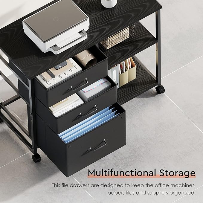 3 Drawer File Cabinet with Wheels Rolling Printer Stand with Open Storage Shelf Fabric Lateral Filing Cabinet for Home Office,Black
