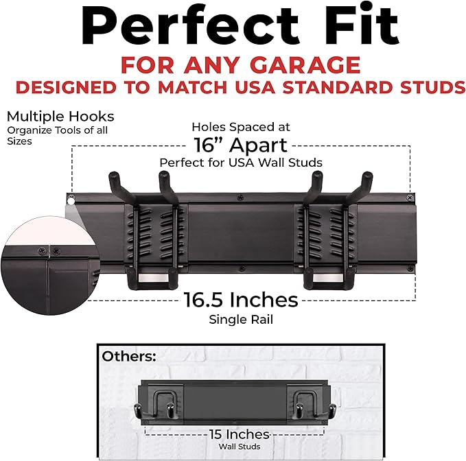 NINE FORTY Garage Tool Organizer Wall Mount - 49.5 Inches, 16" Stud Spacing, 440 LBS. Sturdy Rubber Coated Garden Tool Organizer and Storage Rack with Adjustable Hooks