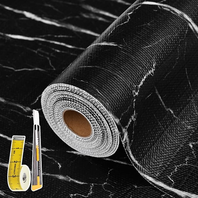 Drawer and Shelf Liner for Kitchen Cabinet: 12 in X 20 Ft Non Slip Waterproof Shelf Paper Non Adhesive Refrigerator Liners Black Marble Easy Liners for Bathroom with Knife Tape Measure