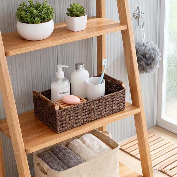 Toilet Tank Basket, Brown Wicker Toilet Paper Storage Basket (Holds 2 Rolls), Handwoven Paper Rope Bathroom Basket Organizer with Wooden Handles, Basket for Top of Toilet, Over Toilet Shelf & Counter
