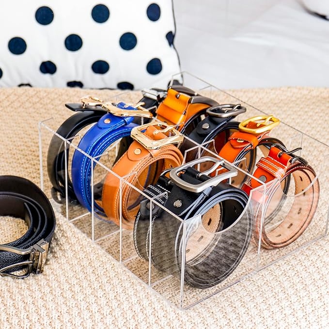 Acrylic Belt Organizer - 14 Compartment Clear Display Case for Closet and Drawer