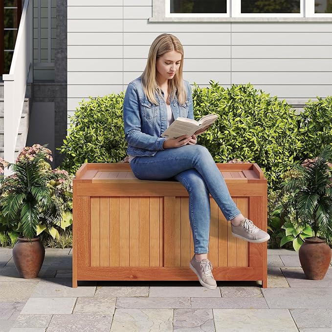 RELAX4LIFE Wood Deck Box, 52 Gallon Backyard Storage Bin Container for Patio Furniture Cushions, Pillows, Garden Tools, Pool Accessories, Wooden Porch Bench, Indoor Outdoor Storage Box (52 Gal)