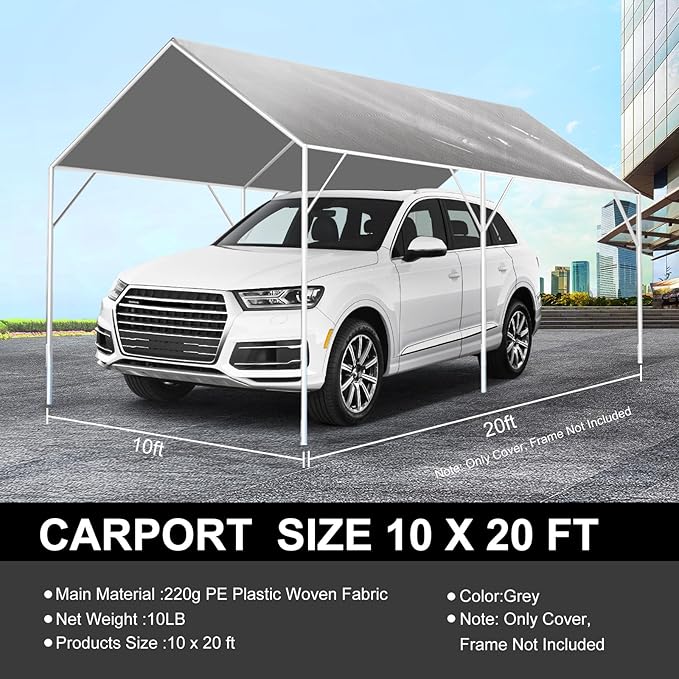 10' x 20' Canopy Replacement Cover for Carport, 220G Heavy Duty Replacement Top Cover for Car Garage, Waterproof & UV Protected Tarp with 48 Ball Bungees (Only Cover, Frame Not Included), Grey