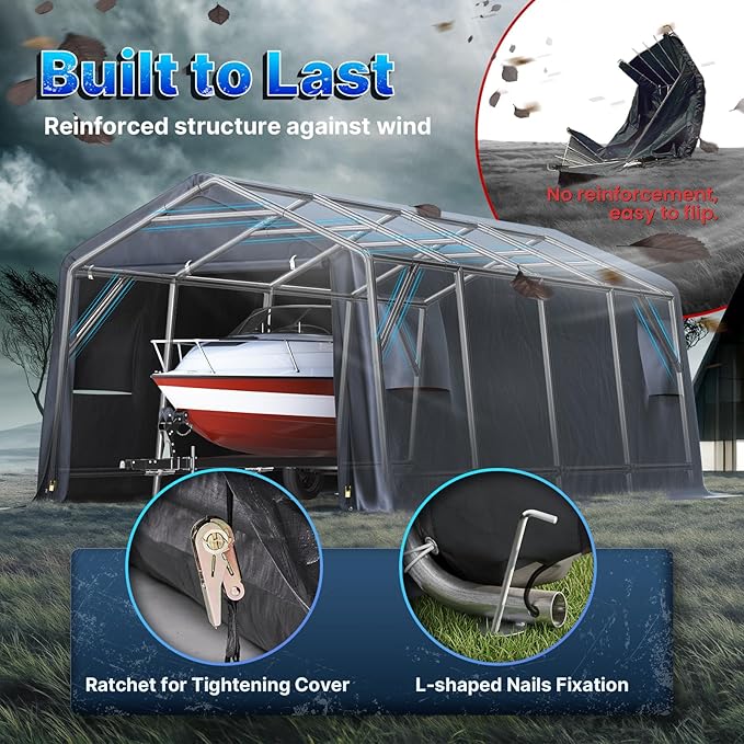 ADVANCE OUTDOOR Heavy Duty 10x20 ft Carport Outdoor Patio Portable Canopy Storage Shelter Shed with 2 Roll up Zipper Doors & Vents for Snowmobile Garden Tools, Gray