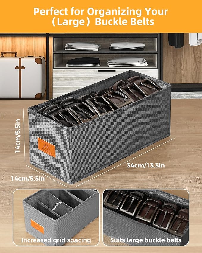 4 PCS Belt Organizer for Closet, 6 Grids Belt Holder, Washable Belt Box, Foldable Tie Organizer for Men, Belt Storage for Drawer (Grey, 13.38inch)