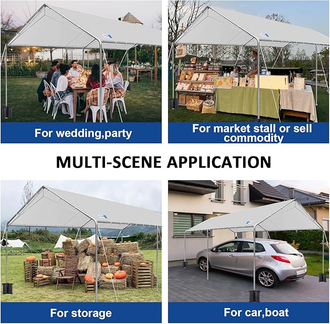 10x20 ft Heavy Duty Car Canopy Galvanized Frame Carport Outdoor Party Tent Boat Shelter with Reinforced Structure, No Sidewall - Light Grey