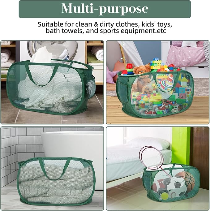 4 Pack Collapsible Laundry Baskets, Foldable Laundry Basket with Pocket, Durable Pop Up Hampers, Reinforced Handles Dirty Clothes Hamper for Laundry, Bedroom, Bathroom, Dorm, Travel or Camping Green